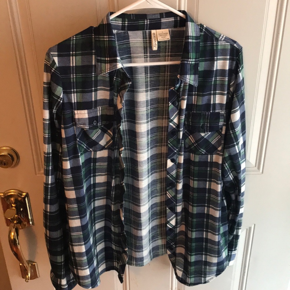 Blue, green and white plaid shirt